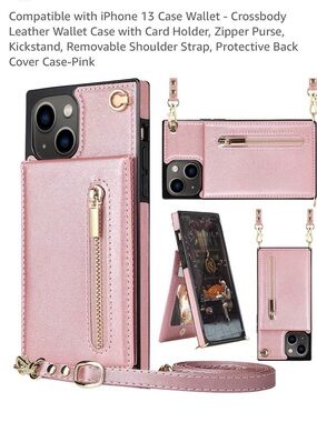 Pink Crossbody Wallet Phone Case with Zipper Purse for iPhone 13